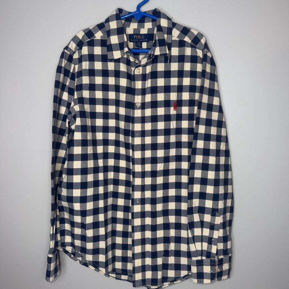 Polo Ralph Lauren Boys Size Lg 14/16 Blue Cream Checkered Long Sleeve Button Up